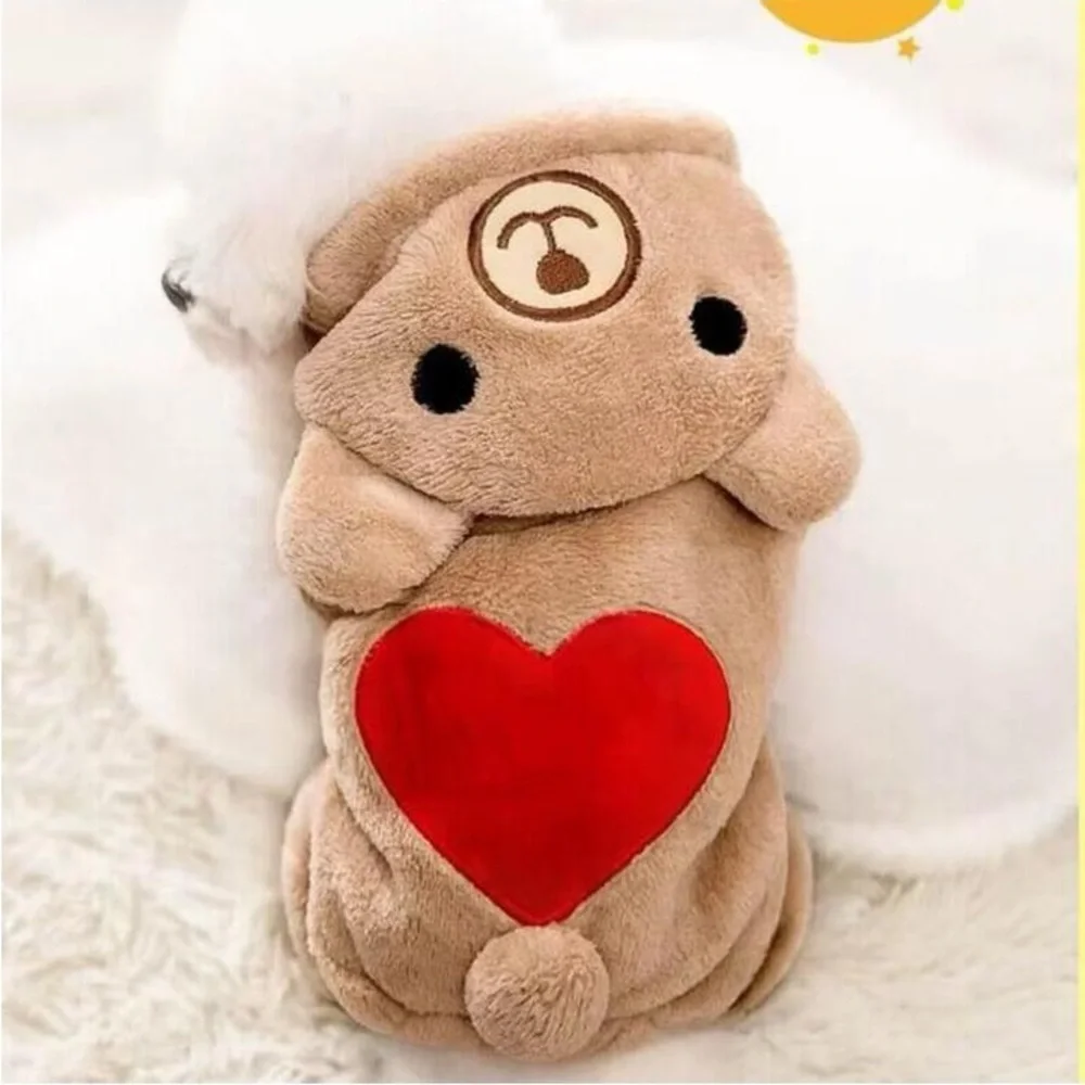 Coral Fleece Thickened Four-Legged Clothes With Bear & Heart Pattern